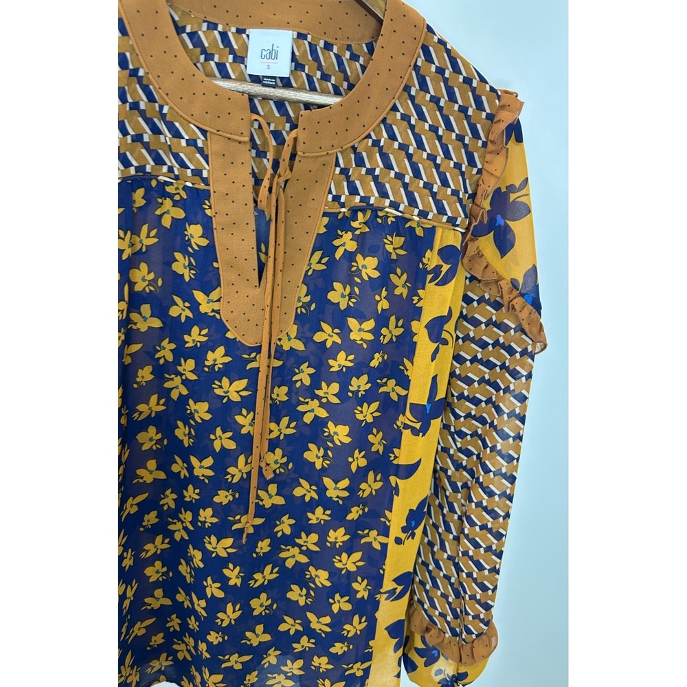 Cabi Harmony Blouse Sheer Golden Eye Floral Ruffle Long Sleeve 3953 Size Small - Picture 5 of 11